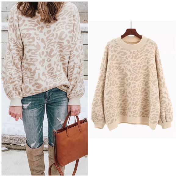 Sweaters - CLEARANCE Beige Leopard Crewneck Oversized Sweater